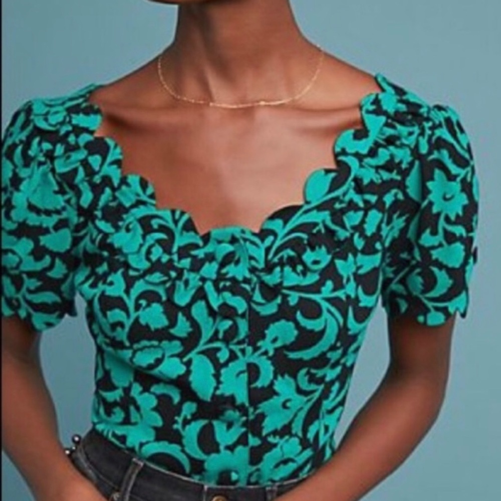 NWOT Maeve Scalloped Green and Black Peplum Top with Oversized Buttons
